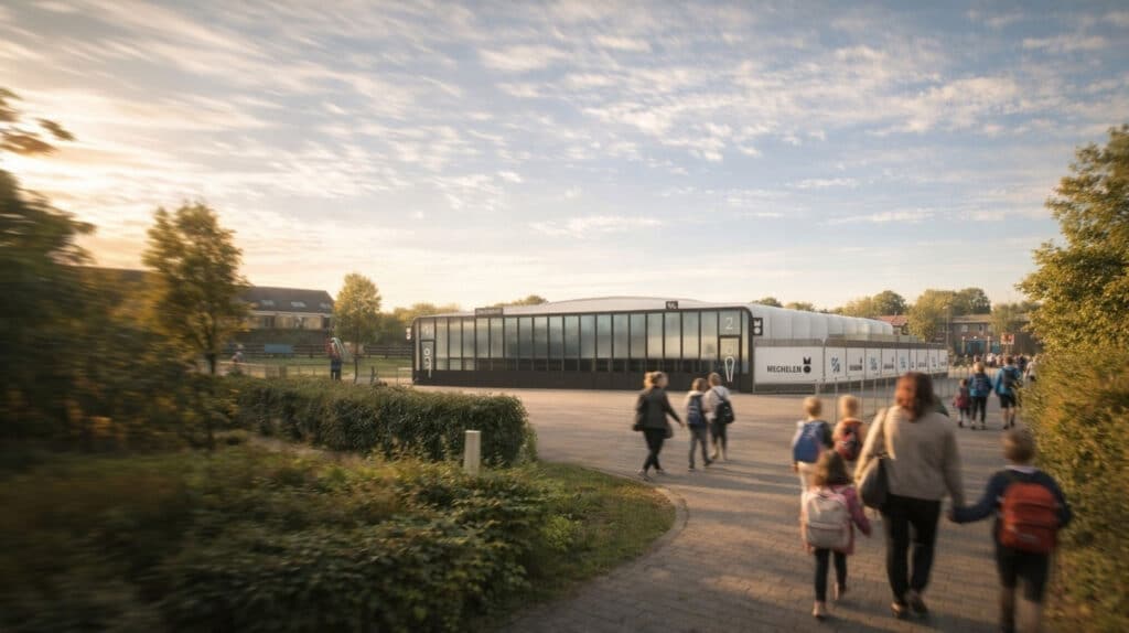 Een render van het dubbele mobiele zwembad in Mechelen